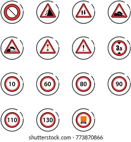 line vector icon set - prohibition vector road sign, landslide, oncoming traffic, steep descent, embankment, light, attention, limited height, speed limit 10, 60, 80, 90, 110, 130
