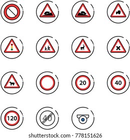 line vector icon set - prohibition vector road sign, climb, steep descent, tractor way, traffic light, children, wild animals, railway intersection, cow, speed limit 20, 40, 120, end