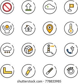 line vector icon set - prohibition vector road sign, uplooad, cloud, flag, success, home dollar, atm map pin, thermometer, rain, volleyball, lighthouse, phone, corner ruler, wrench, drill, beanbag