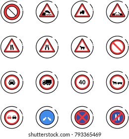 line vector icon set - prohibition vector road sign, embankment, tractor way, drawbridge, narrows, cow, no car, truck, speed limit 40, cart horse, overtake, detour, stop, parking even