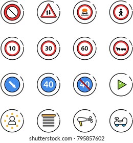 line vector icon set - prohibition vector road sign, oncoming traffic, no dangerous cargo, pedestrian, speed limit 10, 30, 60, cart horse, detour, minimal, end, play, star man, jalousie, dryer