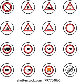 line vector icon set - prohibition vector road sign, oncoming traffic, climb, light, children, railway intersection, rough, no truck, speed limit 30, 50, 70, 80, 120, dangerous cargo, end