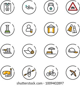 line vector icon set - pull ups vector, abdominal muscles, weight, road for moto sign, chess queen, winner, pennant, flippers, pool, mat, inflatable, cap, diving, kayak, bike, bow