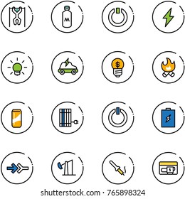 line vector icon set - pull ups vector, milk, standby, lightning, bulb, electric car, business idea, fire, drink, sun panel, button, battery, connect, oil derrick, soldering iron, generator