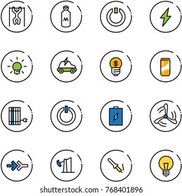 line vector icon set - pull ups vector, milk, standby, lightning, bulb, electric car, business idea, drink, sun panel, button, battery, wind mill, connect, oil derrick, soldering iron