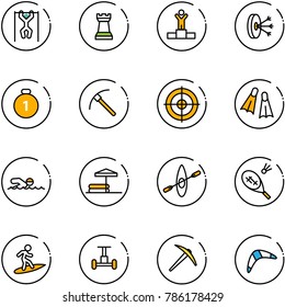 line vector icon set - pull ups vector, chess tower, winner, solution, gold medal, rock axe, target, flippers, swimming, inflatable pool, kayak, badminton, surfing, gyroscope, boomerang