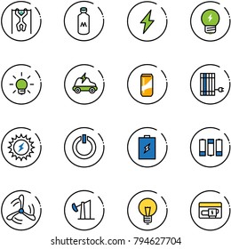 line vector icon set - pull ups vector, milk, lightning, idea, bulb, electric car, drink, sun panel, power, standby button, battery, wind mill, oil derrick, generator