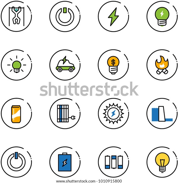 line vector icon set - pull ups vector,\
standby, lightning, idea, bulb, electric car, business, fire,\
drink, sun panel, power, water plant, button,\
battery