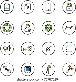 line vector icon set - pulse clipboard vector, account statement, phone, unlocked, lifebuoy, manager, gear, chart point arrow, megaphone, brick wall, key, micro flash card, link, cpu, plumber