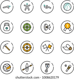 line vector icon set - push ups vector, gymnastics, abdominal muscles, basketball ball, weight, target, solution, gold medal, rock axe, flags cross, mat, volleyball, kayak, piston, baseball bat