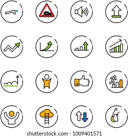 line vector icon set - push ups vector, climb road sign, volume max, uplooad, growth arrow, success, finger up, career, cloud ladder, down arrows, winch