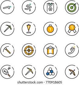 line vector icon set - push ups vector, run, pull, target, job, pennant, gold medal, rock axe, flying man, badminton, billiards balls, bow