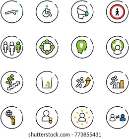 line vector icon set - push ups vector, disabled, medical mask, no pedestrian road sign, group, friends, head bulb, man globe, career, garbage, world, winner, star, information exchange