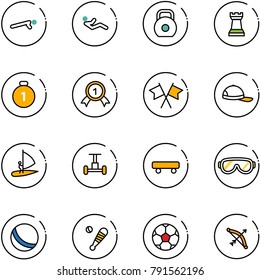 line vector icon set - push ups vector, abdominal muscles, weight, chess tower, gold medal, flags cross, cap, windsurfing, gyroscope, skateboard, protective glasses, ball, baseball bat, soccer, bow