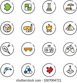 line vector icon set - puzzle vector, chess queen, inflatable pool, volleyball, diving, fire, tent, badminton, skateboard, joystick wireless, boomerang, billiards balls, wirligig toy