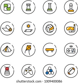 line vector icon set - puzzle vector, chess tower, queen, pawn, mat, volleyball, diving, tent, kite, skateboard, joystick wireless, pyramid toy, billiards balls, football