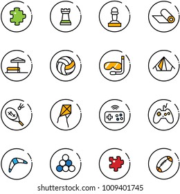 line vector icon set - puzzle vector, chess tower, pawn, mat, inflatable pool, volleyball, diving, tent, badminton, kite, joystick wireless, boomerang, billiards balls, football
