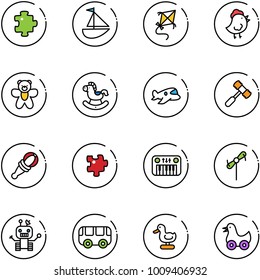 line vector icon set - puzzle vector, sailboat toy, kite, chicken, bear, rocking horse, plane, hammer, beanbag, piano, windmill, robot, bus, duck
