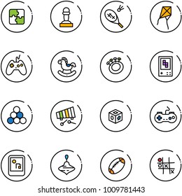 line vector icon set - puzzle vector, pawn, badminton, kite, joystick, rocking horse, beanbag, game console, billiards balls, xylophone, cube toy, gamepad, wirligig, football, Tic tac toe