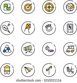 line vector icon set - puzzle vector, target, volleyball, badminton, kite, beanbag, game console, billiards balls, xylophone, constructor blocks, toy train, block house, paper plane, windmill