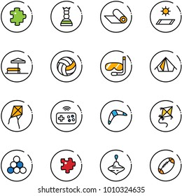line vector icon set - puzzle vector, chess queen, mat, inflatable pool, volleyball, diving, tent, kite, joystick wireless, boomerang, billiards balls, wirligig toy, football