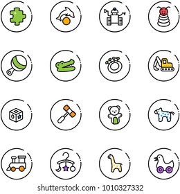 line vector icon set - puzzle vector, dolphin, robot, pyramid toy, beanbag, crocodile, excavator, cube, hammer, bear, horse, train, baby carousel, giraffe, duck