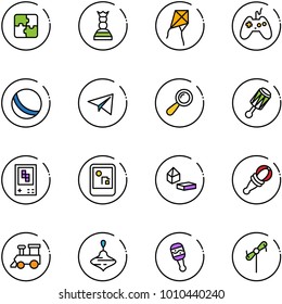 line vector icon set - puzzle vector, chess queen, kite, joystick, ball, paper plane, beanbag, game console, constructor blocks, toy train, wirligig, windmill