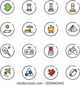line vector icon set - puzzle vector, chess tower, queen, pawn, mat, inflatable pool, fire, tent, badminton, joystick wireless, pyramid toy, kite, billiards balls, football
