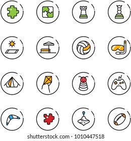 line vector icon set - puzzle vector, chess tower, queen, mat, inflatable pool, volleyball, diving, tent, kite, pyramid toy, joystick, boomerang, wirligig, football