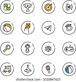 line vector icon set - puzzle vector, gold cup, target, solution, ball, kite, paper plane, beanbag, cube toy, gamepad, train, wirligig, basketball