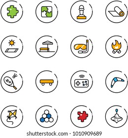 line vector icon set - puzzle vector, pawn, mat, inflatable pool, diving, fire, badminton, skateboard, joystick wireless, boomerang, kite, billiards balls, wirligig toy