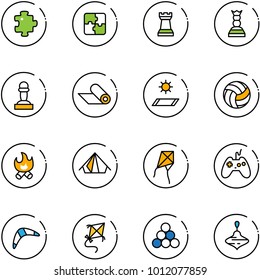 line vector icon set - puzzle vector, chess tower, queen, pawn, mat, volleyball, fire, tent, kite, joystick, boomerang, billiards balls, wirligig toy