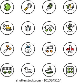 line vector icon set - puzzle vector, beanbag, xylophone, excavator toy, cube, elephant wheel, robot, hammer, rabbit, train, plane, bus, duck, boat, hole