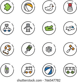 line vector icon set - puzzle vector, ball, duck toy, pyramid, car, robot, crocodile, plane, teethers, beanbag, cube, hammer, phone, train, beach, bus