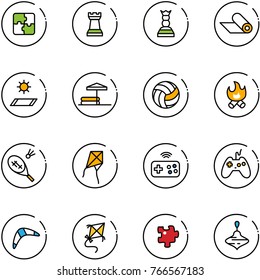 line vector icon set - puzzle vector, chess tower, queen, mat, inflatable pool, volleyball, fire, badminton, kite, joystick wireless, boomerang, wirligig toy