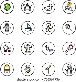 line vector icon set - puzzle vector, robot, duck toy, abc cube, sailboat, bear, horse stick, wheel, constructor blocks, beanbag, block house, windmill