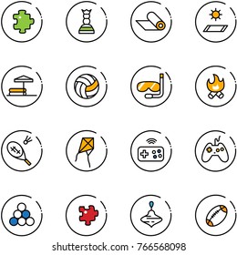 line vector icon set - puzzle vector, chess queen, mat, inflatable pool, volleyball, diving, fire, badminton, kite, joystick wireless, billiards balls, wirligig toy, football