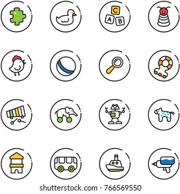 line vector icon set - puzzle vector, duck toy, abc cube, pyramid, chicken, ball, beanbag, teethers, xylophone, elephant wheel, robot, horse, block house, bus, boat, water gun