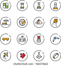 line vector icon set - puzzle vector, chess tower, queen, pawn, inflatable pool, volleyball, tent, kite, skateboard, joystick wireless, pyramid toy, boomerang, wirligig, football