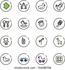 line vector icon set - puzzle vector, robot, duck toy, dinosaur, shovel fork, rocking horse, beanbag, bear, phone, windmill, giraffe, car, cube hole