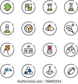 line vector icon set - puzzle vector, chess tower, queen, pawn, volleyball, tent, badminton, kite, joystick wireless, pyramid toy, boomerang, billiards balls, wirligig, football