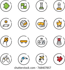 line vector icon set - puzzle vector, chess queen, pawn, mat, volleyball, diving, fire, kite, skateboard, joystick wireless, pyramid toy, boomerang