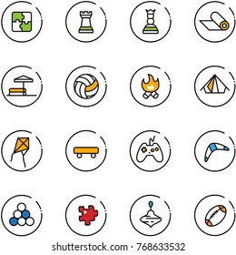 line vector icon set - puzzle vector, chess tower, queen, mat, inflatable pool, volleyball, fire, tent, kite, skateboard, joystick, boomerang, billiards balls, wirligig toy, football