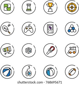 line vector icon set - puzzle vector, chess tower, win cup, target, badminton, joystick, game console, billiards balls, xylophone, cube toy, beanbag, train, beach ball, yoyo, basketball, football