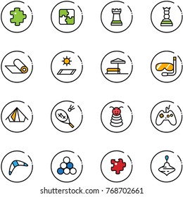 line vector icon set - puzzle vector, chess tower, queen, mat, inflatable pool, diving, tent, badminton, pyramid toy, joystick, boomerang, billiards balls, wirligig