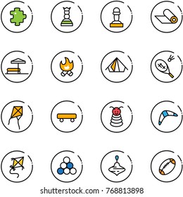 line vector icon set - puzzle vector, chess queen, pawn, mat, inflatable pool, fire, tent, badminton, kite, skateboard, pyramid toy, boomerang, billiards balls, wirligig, football