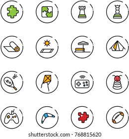 line vector icon set - puzzle vector, chess tower, queen, mat, inflatable pool, tent, badminton, kite, joystick wireless, pyramid toy, boomerang, football