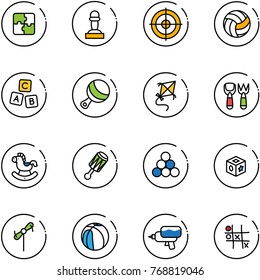 line vector icon set - puzzle vector, pawn, target, volleyball, abc cube, beanbag, kite, shovel fork toy, rocking horse, billiards balls, windmill, basketball, water gun, Tic tac toe