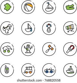 line vector icon set - puzzle vector, ball, sailboat toy, crocodile, dinosaur, beanbag, xylophone, elephant wheel, robot, hammer, phone, train, car, boat