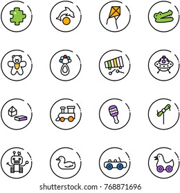 line vector icon set - puzzle vector, dolphin, kite, crocodile, bear toy, beanbag, xylophone, ufo, constructor blocks, train, windmill, robot, duck, car